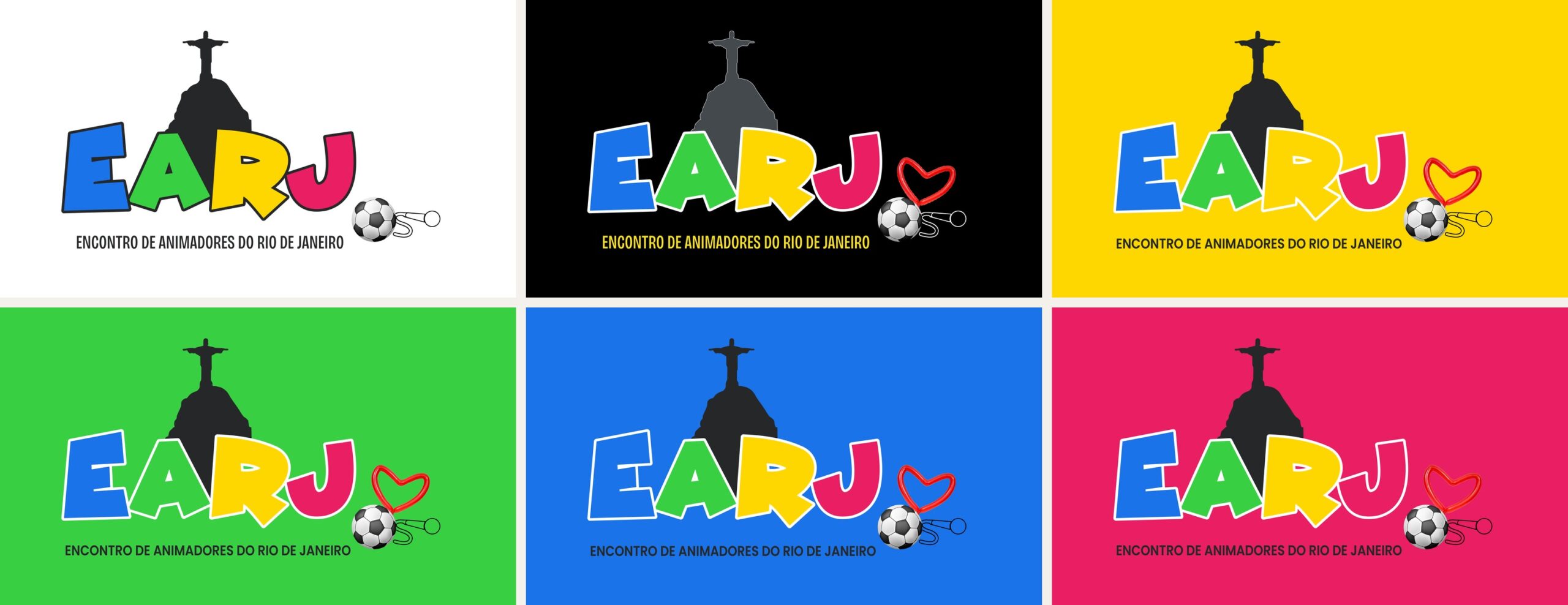 Logotipo do EARJ aplicado sobre seis fundos diferentes