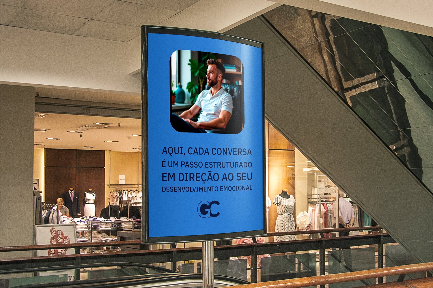 Peça de comunicação da marca em painel de shopping