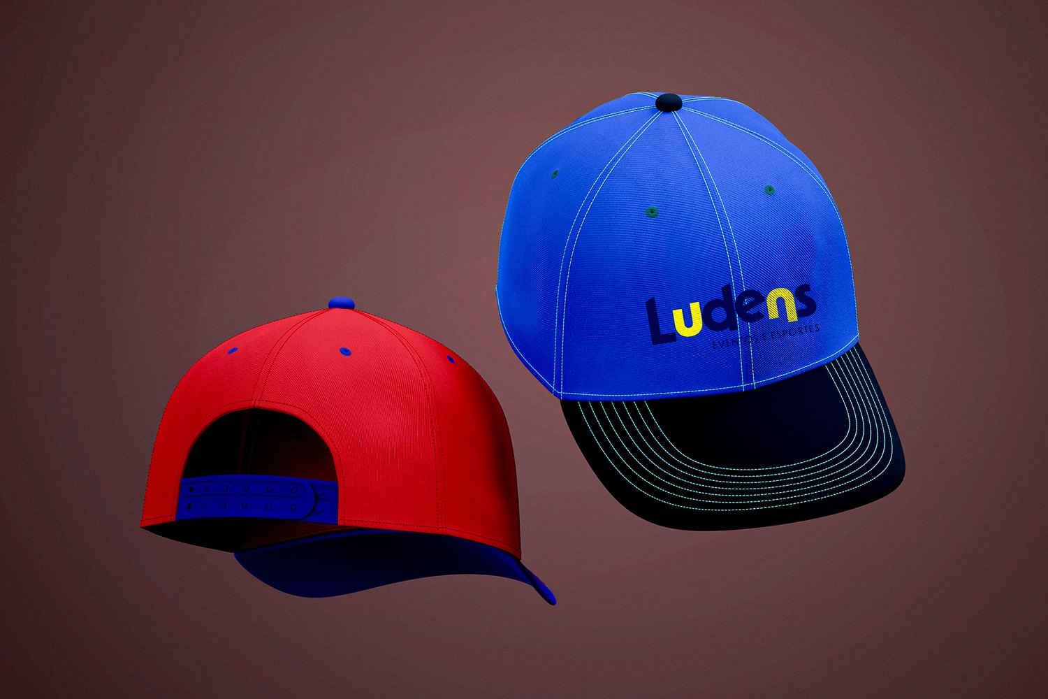 Bonés vermelho e azul com a marca Ludens